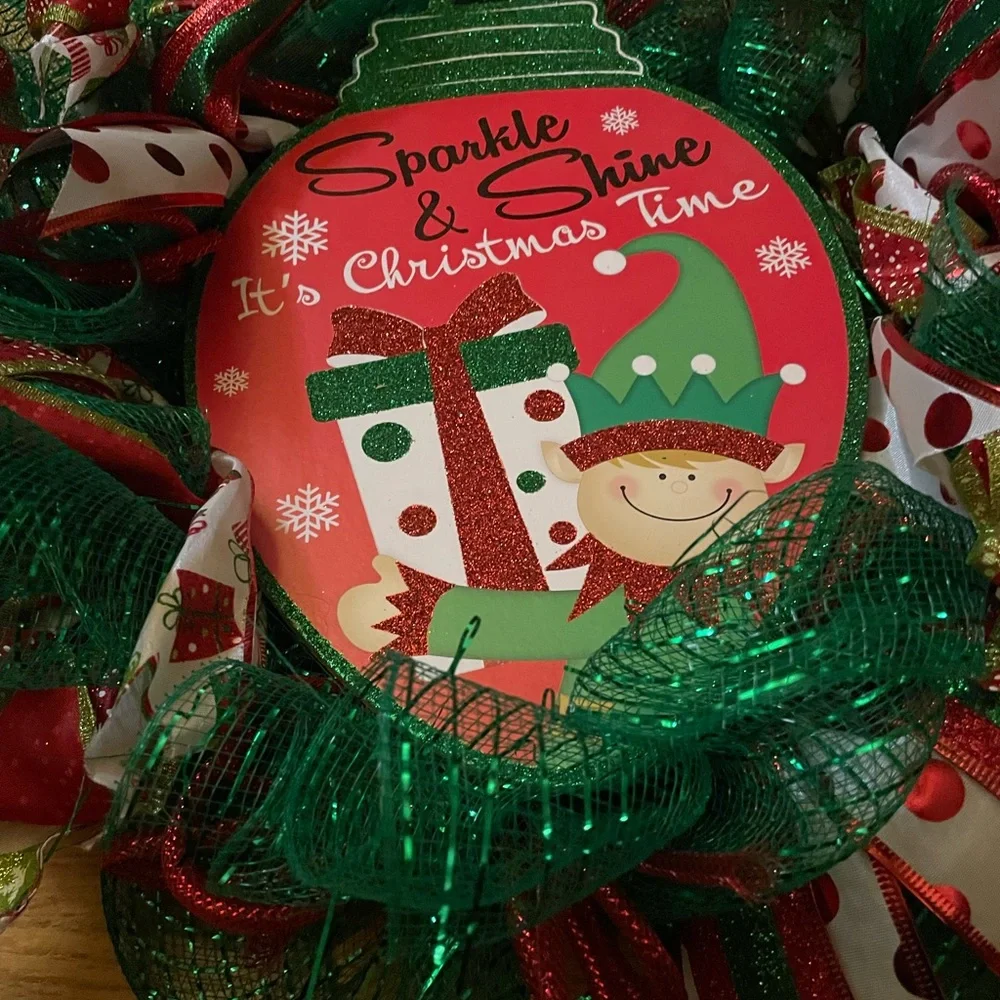 EUC Ribbon Designed Christmas Wreath with Wood Sign